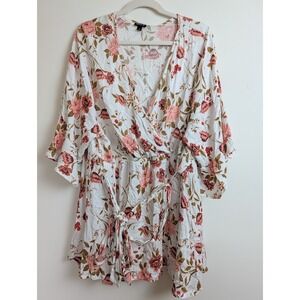 Torrid Womens Plus 5X White Pink Floral Faux Wrap Bell Sleeve Blouse